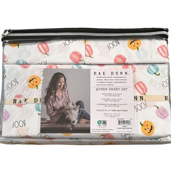 Rae Dunn Queen Sheet Set BOO Cute Goth Kawaii Farm Pumpkin Witchy Decor NEW 2024 - Picture 4 of 7